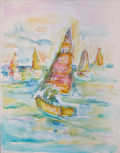 „Segelboote“, 70 x 90 cm, Aquarell auf Leinwand