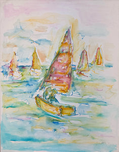 „Segelboote“, 70 x 90 cm, Aquarell auf Leinwand