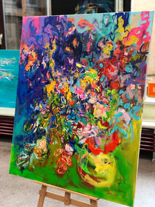 „Farbiges Spiel mit Blumen“, 120 x 100 cm