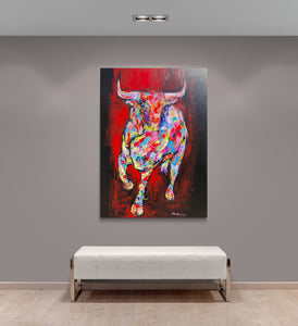 Bunt auf rot,140 x 100 cm