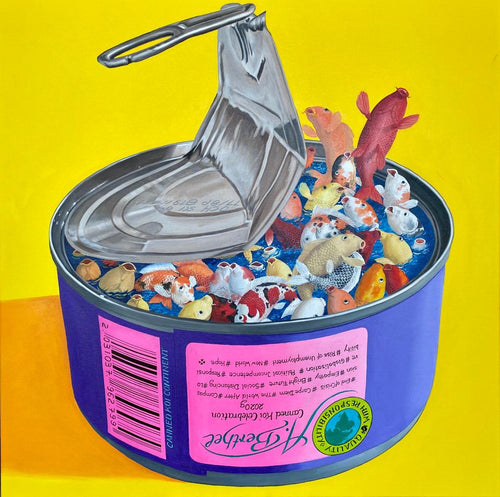 „Canned Koi Celebration/After Corona Party“, 2020, 100 x 100 cm, oil on canvas