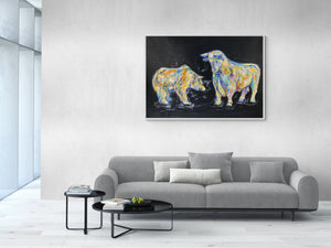 „Bulle und Bär“, 100 x 140 cm, Acryl auf Leinwand
